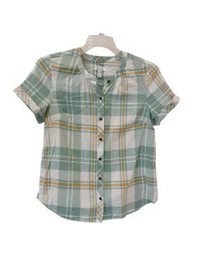 Denim&Co Womens XS Green Plaid Button Shirt Short Sleeve Cotton-Linen Blend D27